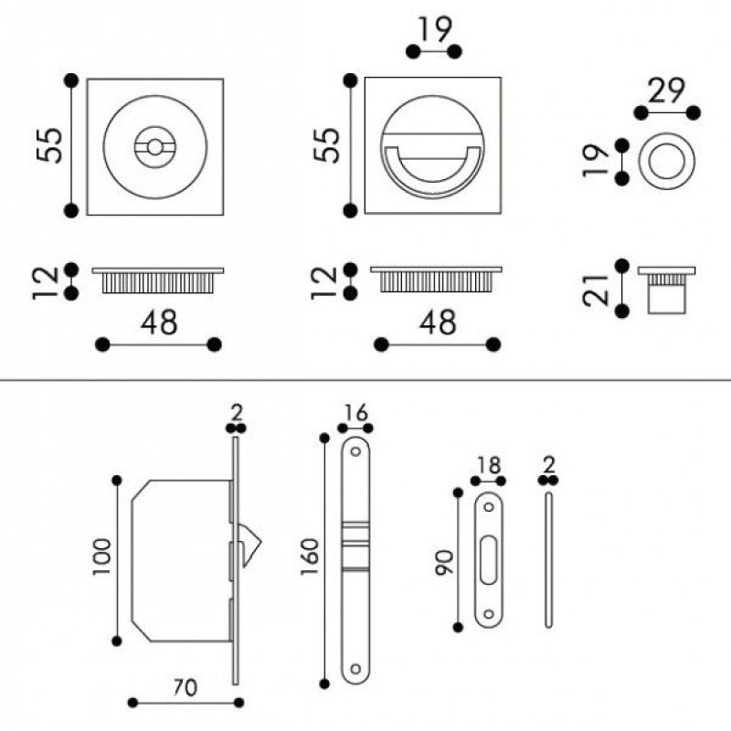 Quadratische Griffe für Schiebetüren Arieni 94/AT/Q 55x55 mm