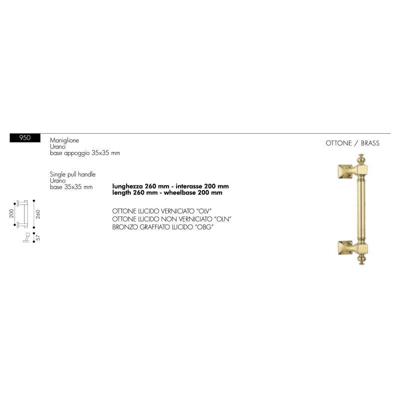 Klassischer Türstoßgriff aus Messing Urano Arieni 950 Länge 260mm