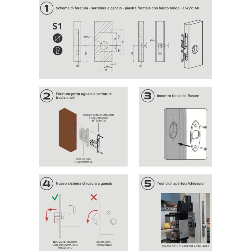 Schloss für Holzschiebetüren mit Mitnehmer Reguitti S01SR50T