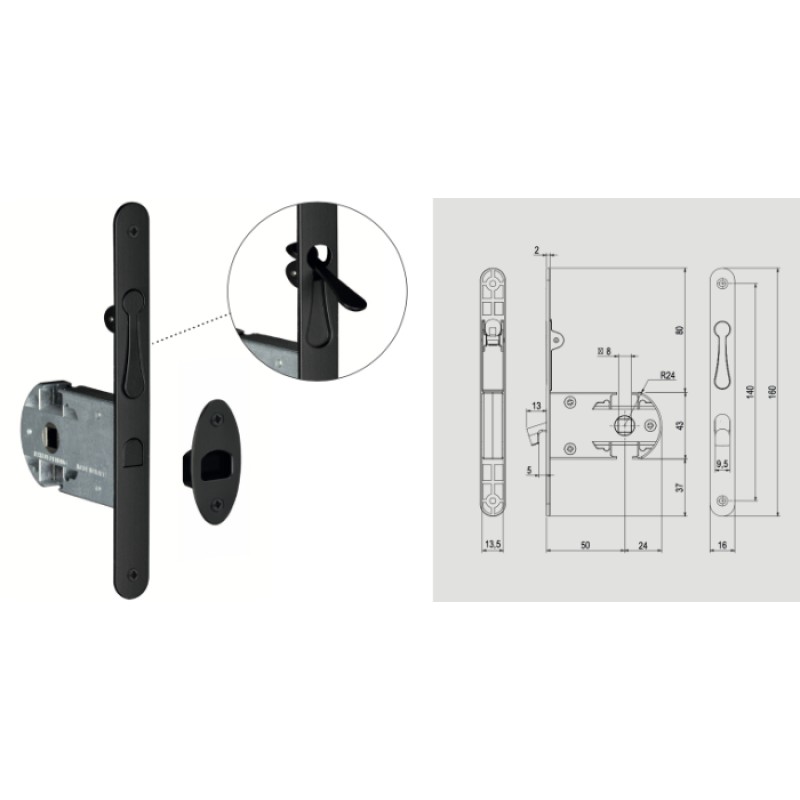Schloss für Holzschiebetüren mit Mitnehmer Reguitti S01SR50T